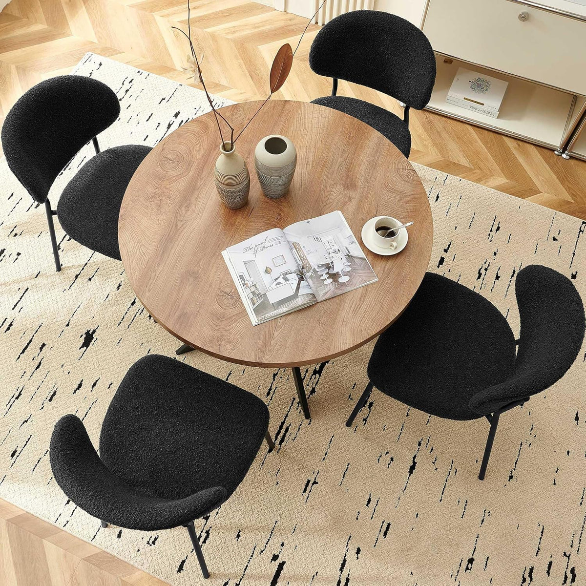 Homedot Kitchen Dining Table Set for 4, Modern Compact Round Dining Breakfast Dinner Table Chairs Set for Apartment Dining Room, Rustic Brown Table with Black Boucle Dining Side Chairs Set