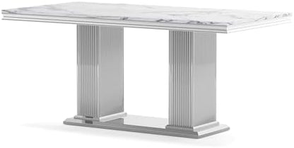 HomVent 68'' Silver Faux Marble Dining Table Set with 6 Grey Velvet Chair | Modern Rectangle Kitchen Table Set of 6 with Faux Marble Table Top & Stainless Steel Base Dining Set for Kitchen Dining Room