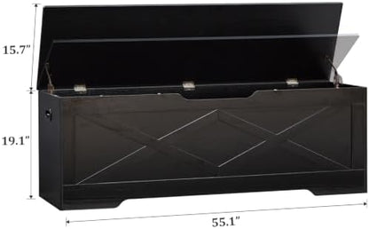 55.1" Storage Bench,Storage Chest for Entryway, Mudroom & Bedroom | 55.1L”x15.7W”x19.1H” Wooden Storage Bench,Storage Trunk with 2 Safety Hinges,Supports 220 lb,Easy Assembly( Black)