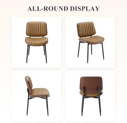 MALOL Leather Dining Chairs Set of 6, Modern Upholstered Dining Room Kitchen Chairs with Metal Legs and Wooden Back Support for Home Dining Room/Restaurant, Light Brown