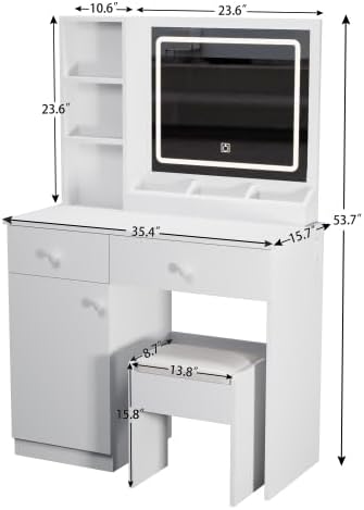 Dressing Table Set, Large Storage Space vanity with Mirror, Power Outlet, Makeup Vanity Bench with 2 Drawers Cushioned Stool for Beauty Storage & Cosmetics, Vintage Vanity Desk for Women (White)