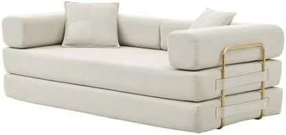 4-in-1 Folding Convertible Sofa Bed, 78 Inch Couch with Fixed-Shape Frame, Corduroy Loveseat Sleeper with Pull Out Bed, Floor Sofa Modular Futon Couch for Living Room Bedroom Lounge (Beige)