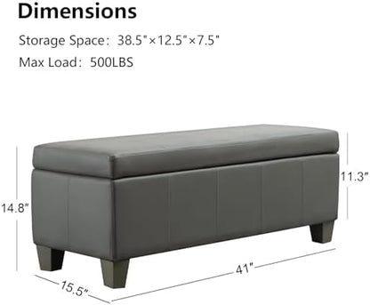 41" Storage Ottoman, Storage Bench with Safety Hinge, Upholstered Synthetic Leather Ottoman Bench for Bedroom, Living Room, Entryway, Hallway, Foot Rest, Support 500lbs, Grey