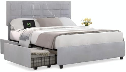 VECELO Queen Size Bed Frame with 4 Storage Drawers & Adjustable Headboard, Built-in Charging Station, Upholstered Bedframe with Wood Slats Support, Light Gray