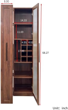 Kitchen Pantry Cabinet with Pull-Out 5-Tier Storage Shelf Space Saving Storage Organizer Cabinet with Glass Door Wine Racks Cup Holder for Kitchen, Dining Room, Bar, Walnut