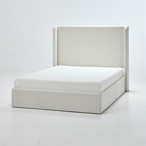 King 52.3" Tall Headboard Carmen Wingback Upholstered Platform Bed Frame Premium Textured Canvas Chenille Elegant Simplicity for Bedroom No Box Spring Needed Easy Assembly No Noise Ivory