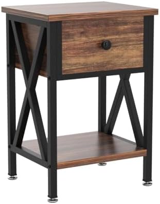 VECELO Nightstands Set of 2, Modern Bedside End Tables, Night Stands with Drawer and Storage Shelf for Living Room Bedroom, Industrial Metal Frame