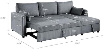 Ball & Cast 86" Sectional Sleeper Sofa Bed Pull Out Couches for Living Room | L Shaped Convertible Pull Out Sofa Bed with Reversible Storage Chaise and Side Pocket, 3-Seat Sofa for Small Space Apartment