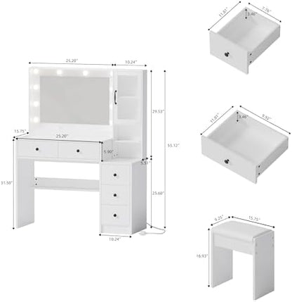 35.4” Makeup Vanity Desk with Charging Station, White Makeup Dressing Table with Mirror & Lights, 3 Lighting Modes Adjustable Brightness, Vanity Table with Power Outlet & 5 Drawers Round Handle