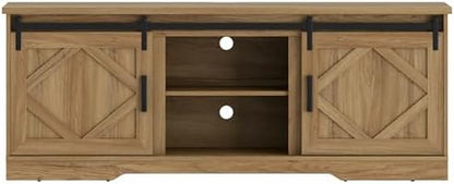 WAMPAT Farmhouse Style TV Stand for 60-75 inch TV w/Distressed Wood Finish | 66.1"L*15.4D"*25.6"H, TV Cabinet with Cable Management,Sliding Barn Door,Adjustable Media Shelf,Hidden Storage Space