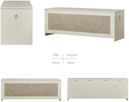 51.2" Storage Chest Large,Wooden Rattan Storage Bench.(White Cream) | Storage trunk with 2 Safety Hinges, 51.2x15.7x18.3 Inch, Easy Assembly, Storage bench For Bedroom, Living Room, Entryway