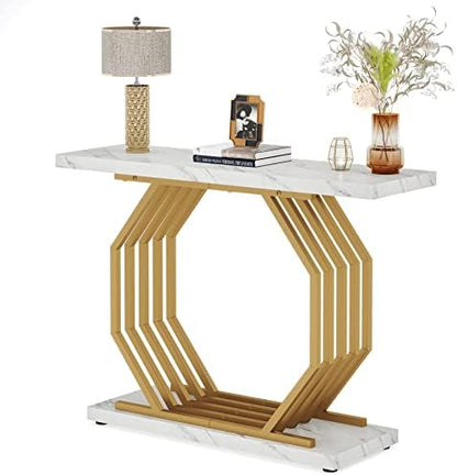 Tribesigns Gold Console Table, Faux Marble Entryway Table Narrow Sofa with Geometric Metal Base, 40 Inch Modern Accent Entrance for Living Room, Hallway, Foyer, White and Gold