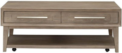 Pemberly Row 3-Piece Living Room Table Set, Sandstone Wood Finish, Includes Rectangular Cocktail Table with Casters and 2 End Tables, Open Bottom Shelves, Brushed Nickel Hardware, Contemporary Home