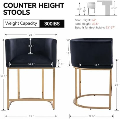 RIVOVA Black Velvet Bar Stools Set of 2, 24" Contemporary Upholstered Fabric Counter Height Barstools Kitchen Counter Island Stools with Golden Metal Base