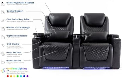 Airadlis Home Theater Seating Seats, Theater Recliner Chair Sofa Game Movie Theater Chairs with 7 Colors Ambient Lighting, Lumbar Pillow, Side Pocket, Tray Table, Power Recline, Black