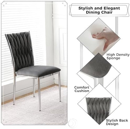 Velvet Dining Chairs Set of 6, Modern Upholstered Kitchen Chairs with Silver Metal Legs, Woven Velvet Fabric and High Back, Dirt Resistance, Easy to Assemble, for Home, Living Room - Dark Grey