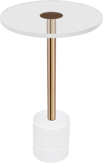Modern Side Table with Cylindrical Base, Clear Acrylic End Table, Brushed Brass Metal Side Table for Office Living Room and Bedroom (Medium Round Base)