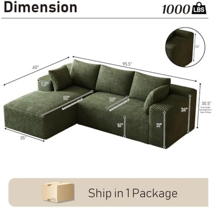 ONEMMLION 96" L-Shaped Cloud Couch Sofa with Chaise, Green | Corduroy Comfy Fluffy Modular Deep Seat Memory Foam Compressed Sectional Sofa for Living Room Oversized Left Facing Chaise