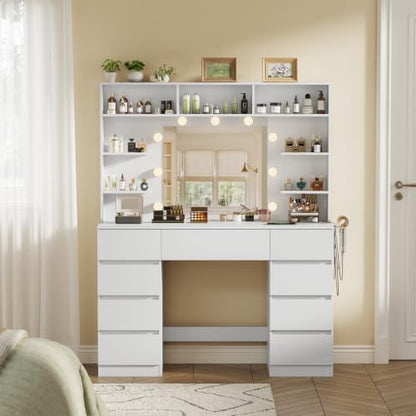 Vanity Desk with Mirror and Lights,43" Makeup Vanity Table with 9 Drawers and 7 Storage Shelves, Power Outlet & Adjustable LED Lights, Dressing Table for Bedroom，White