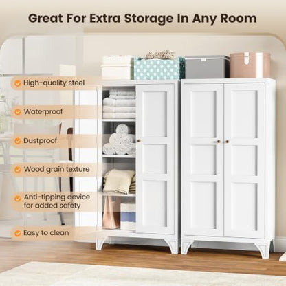 Yizosh Metal Storage Cabinet with 2 Doors and 3 Adjustable Shelves - 47" White Kitchen Pantry Storage Cabinet Locker for Kitchen,Living Room,Dining Room