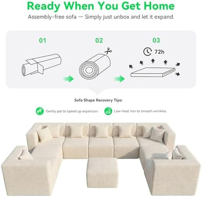 MONVANE Oversized Sectional Couch 10-Seat, Chenille, Beige | Sectional Couch for Living Room, Modular Cloud Sofa with Ottoman & 10 Throw Pillows, No Assembly Required