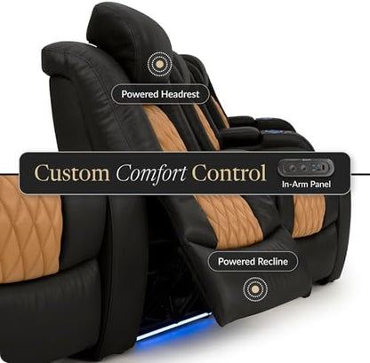 Seatcraft Diamante Black/Tan Oak Italian Leather Home Theater Seating, Zero Gravity Power Recliner, Gaming and Home Office Chair, Powered Headrest Furniture for Cinema Room, Row of 5 Middle Sofa