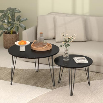 2 Piece Nesting Round Side Tables, Faux Marble Surface Nesting Coffee Table | Stackable Round Nesting Tables, Faux Marble Nesting Side Table Set, Metal Frame Coffee End Tables for Living Room Bedroom