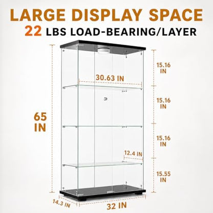 Glass Display Cabinet 4-Shelf 2 Doors with LED Push Light Lockable Glass Display Case with 4mm Tempered Glass Floor-Standing Bookshelf for Bedroom, Living Room, Black