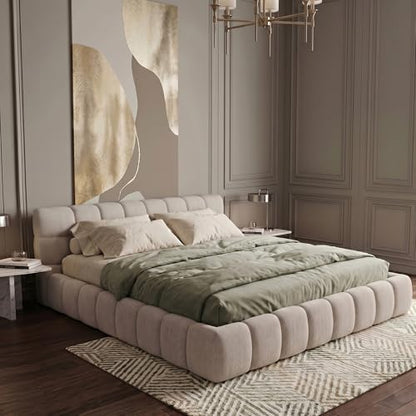 Chenille Fabric Upholstered Platform Bed Frame with Soft Headboard, Modern Low Profile Grounded Design, No Box Spring Needed, Sturdy MDF & Wood Frame, Neutral Style, Beige, Queen