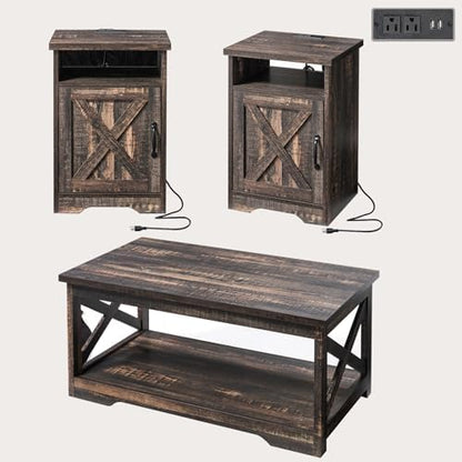 AMERLIFE 3 Piece Farmhouse Living Room Coffee Table Set, Dark Oak | Coffee Table & 2 End Tables with Charging Station and USB Ports, Farmhouse Style, Barn Door Design, Living Room Furniture