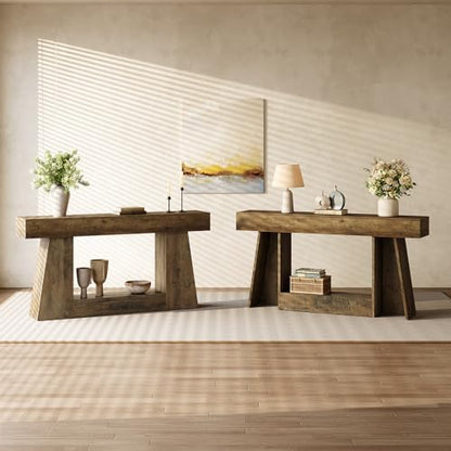 LITTLE TREE 63" Farmhouse Console Table with Storage, Rustic Sofa Table for Entryway, Narrow Long Sofa Table Behind Couch, Console Table for Living Room, Hallway—Versatile Storage Solution, Oak