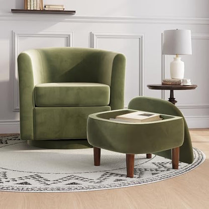 360° Swivel Accent Chair with Storage Ottoman | Small Modern Velvet Barrel Chair, Upholstered Armchair with Footrest for Living Room/Reading/Bedroom, Green