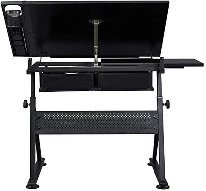 Yaheetech Adjustable Drafting Table Art Desk,Storage Drawers & Stool,Black | MDF tabletop tilts 0-60° on a metal frame for drawing, crafts, and homework, with two supply drawers and a matching stool.