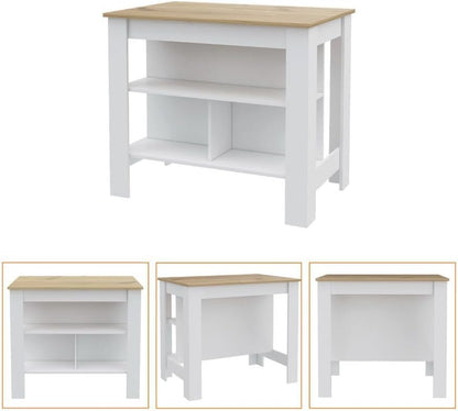 3-Shelf Kitchen Island White and Light Oak with Particle Board | Transitional kitchen island with 3 shelves and ample storage for meal prepping