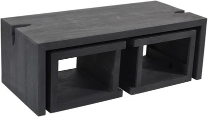Pemberly Row 3-Piece Cocktail Table Set, Reclaimed Solid Wood, Ebony Gray Finish, Includes 1 Coffee Table and 2 End Tables, Mid-Century Modern Style, Unique Carvings for Living Room Decor