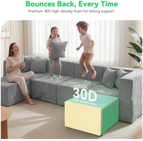 MONVANE U Shaped Sectional Couch Oversized, Chenille, Light Gray | 6-Seat Sectional Couch for Living Room, Modular Cloud Sofa with Ottoman & 6 Throw Pillows, No Assembly Required