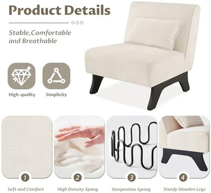 Armless Accent Chair Comfy Upholstered Modern Living Room Side Chair | Comfy Small Accent Lounge Chair with Pillow & Wooden Legs Accent Chair for Living Room Bedroom Farmhouse Reading Beige