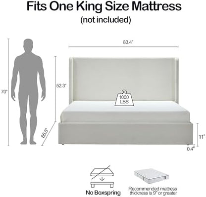 King 52.3" Tall Headboard Carmen Wingback Upholstered Platform Bed Frame Premium Textured Canvas Chenille Elegant Simplicity for Bedroom No Box Spring Needed Easy Assembly No Noise Ivory