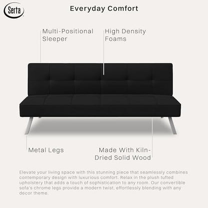 Serta® Rane Futon Sofa Bed 66.1", 3-in-1 Convertible Couch Sleeper for Small Spaces, Tufted Back, Twin Size Guest Bed, Black Woven Fabric