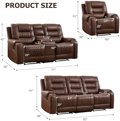 EBELLO 3PCS Faux Leather Recliner Sofa Furniture Set, Included Recliner Chair, Manual Loveseat and 3 Seat Reclining Sofa Couch, Vintage Rivet Mid-Century Modern Design for Living Room, Brown