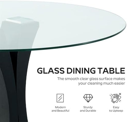 Round Dining Table, 47" Glass Dining Table for 4-6, Glass Kitchen Table with Robust Pedestal for Apartment Home Kitchen Living Room(Black)