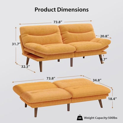 Pipishell Futon Sofa Bed, Modern 66" Futon Couch Convertible to Bed & Lounger, Compact Size, Corduroy Loveseat, Durable Construction - Fits Small Spaces, Apartments,Study Room (Yellow, 66 Inch)