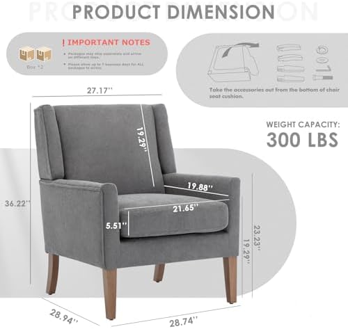 COLAMY Modern Wingback Living Room Chair Set of 2, Upholstered Fabric Accent Armchair, Single Sofa Chair with Lounge Seat and Wood Legs for Bedroom/Office/Reading Spaces, Gery