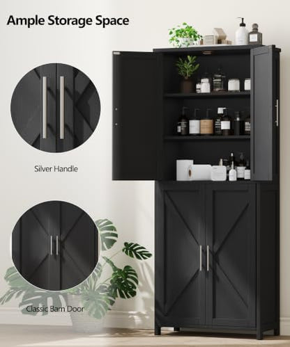 Akxomel 63''H Tall Farmhouse Bathroom Storage Cabinet with 4 Doors Black | Floor Storage Cabinet with Barn Doors, Adjustable Shelf, Pantry Cabinet for Kitchen, Laundry Room, Living Room, Entryway