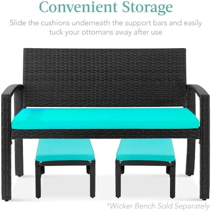 Best Choice Products Set of 2 Wicker Ottomans, Multipurpose Outdoor Furniture for Patio, Backyard, Additional Seating, Footrest, Side Table w/Removable Cushions, Steel Frame - Black/Teal