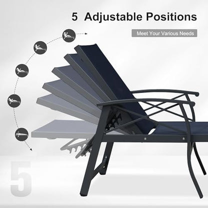 PURPLE LEAF Oversized Outdoor Lounge Chair Set of 2 Aluminum, Deep Blue | Extra wide full relaxation, Textilene quick dry & durable, Powder coat for anti-rust, Armrests added comfort, 5-Position