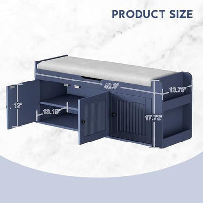 42.6" Storage Bench - Shoe Storage Bench with Side Storage Shelves and 3 Doors, Multifunctional Entryway Bench with Lift Top Cushion, Shoe Bench for Bedroom, Living Room, Entryway, Navy Blue