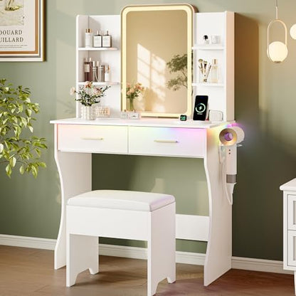 Makeup White Vanity Desk with Lights and Mirror, Small Vanity for Bedroom | Vanity set with Stool, 3 Lighting Modes, Adjustable Brightness, Storage Shelves, Hair Dryer Holder and Spacious Tabletop