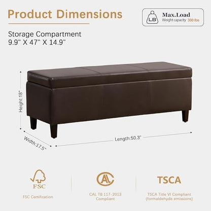HUIMO Faux Leather Storage Ottoman Bench 50.3 Inch Extra Long PU Upholstered Bedroom Bench with Large Storage Space for The Living Room, Entryway, Bedroom Hold Up to 300lbs (Brown)