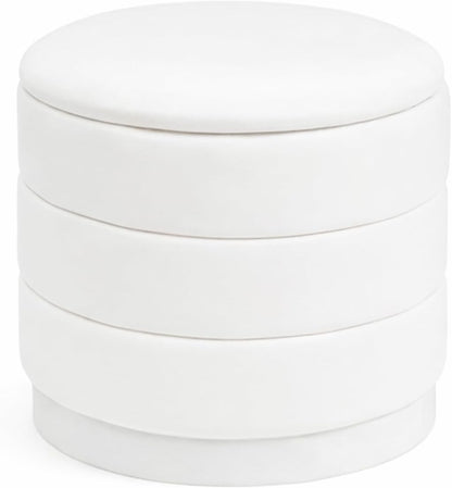 15.4" Round Velvet Storage Ottoman with Reversible Lid, Upholstered Circular Ottoman Footrest with Hidden Storage, Foldable Padded Footstool for Dorm Living Room & Bedroom, White